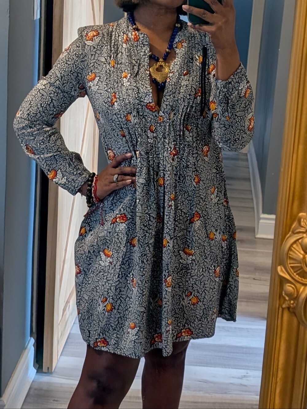 Old Navy Grey Floral Mini Dress with Orange Accents